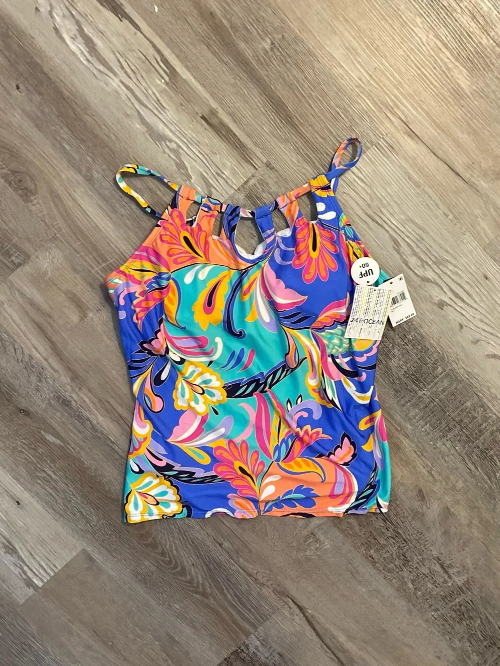 24th & Ocean Paisley UPF 50 Underwire Cutout High Neck Tankini Top Women's 16 - Picture 3 of 12